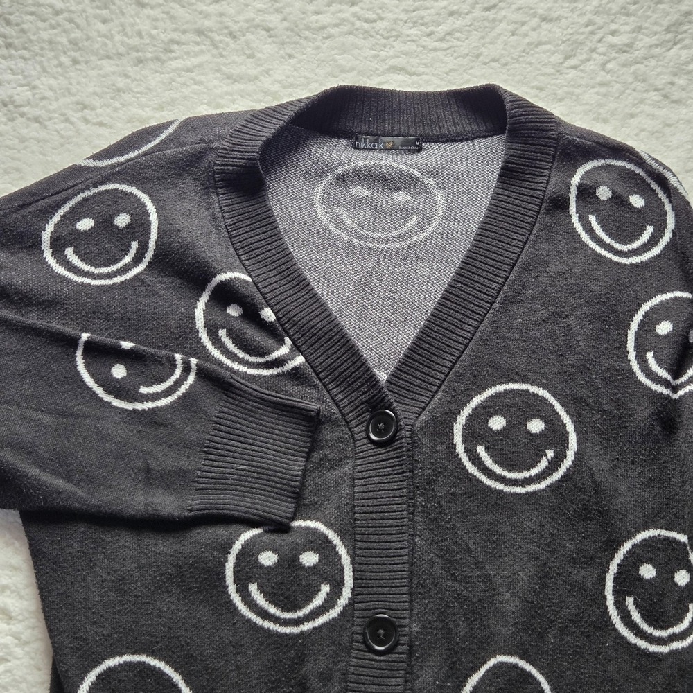 Nikka K Cardigan Sweater Womens Medium Black Smiley Face V Neck Button Knit